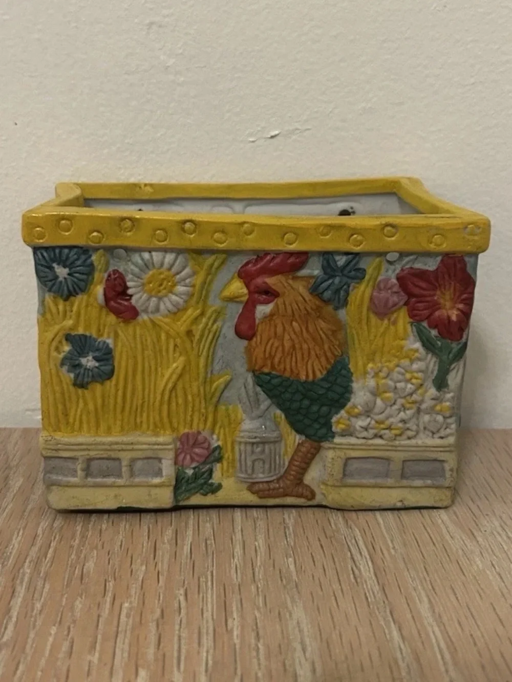 Hand-Painted Ceramic Rooster Planter in Yellow and Multicolor